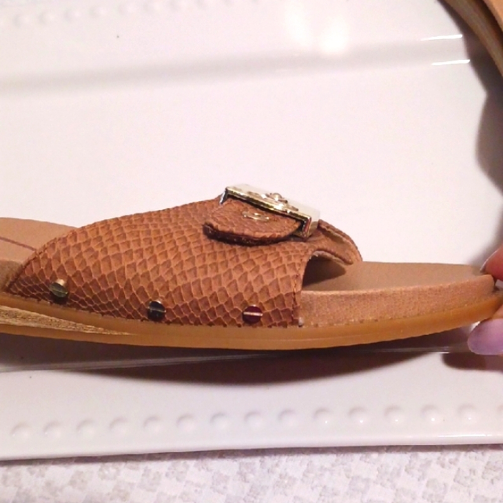 Classic! Dr. Scholl's Tan Slide Sandals with Silver Accents 10 βοΈ - Picture 7 of 13